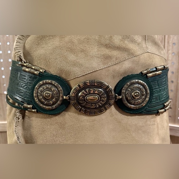 Vtg Western Tooled Green Leather Bead Belt Size M Avion International Spain - Picture 3 of 8